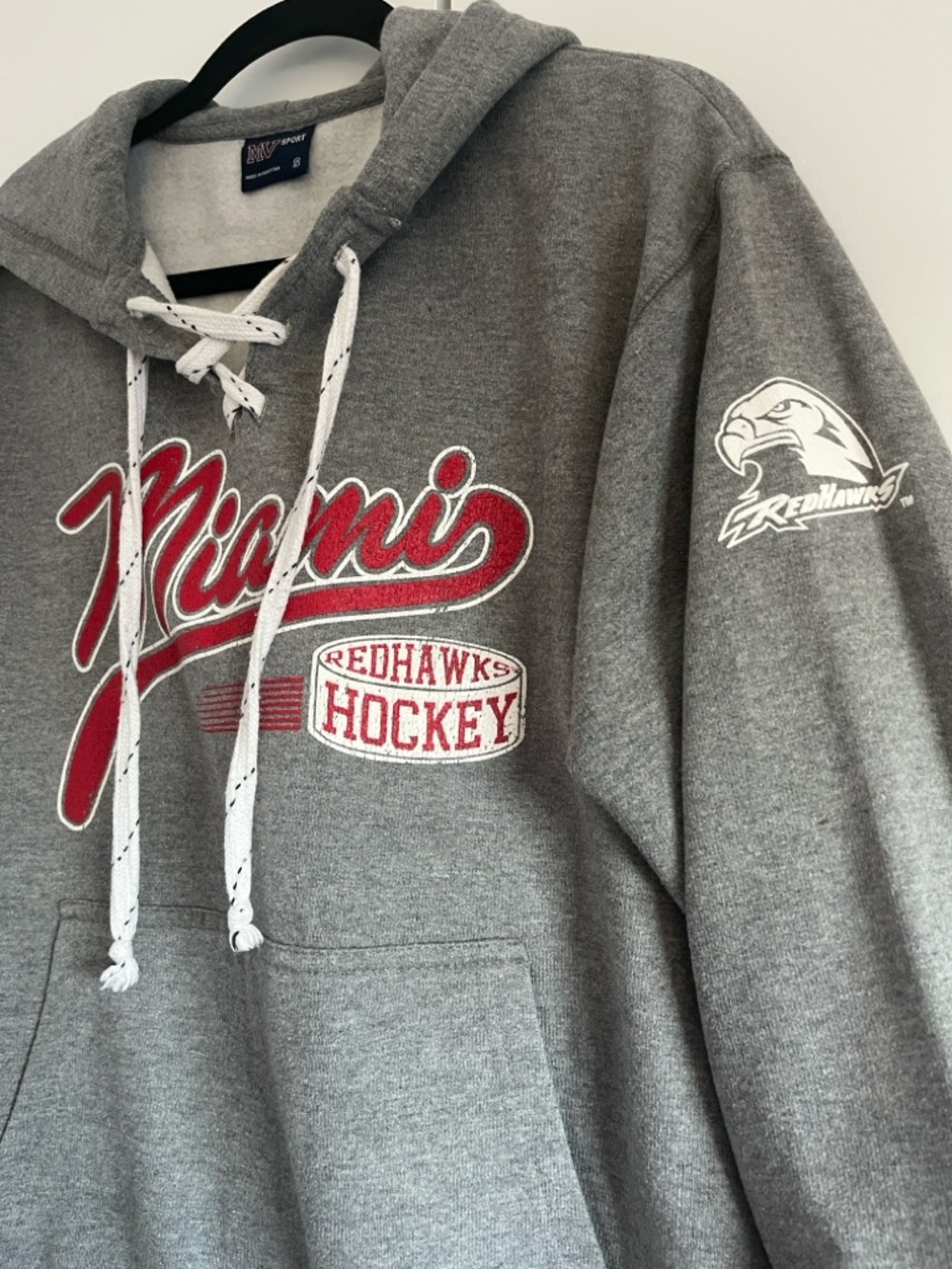 Light Grey RedHawks Hockey Pullover Hoodie with Hockey Lace Strings
